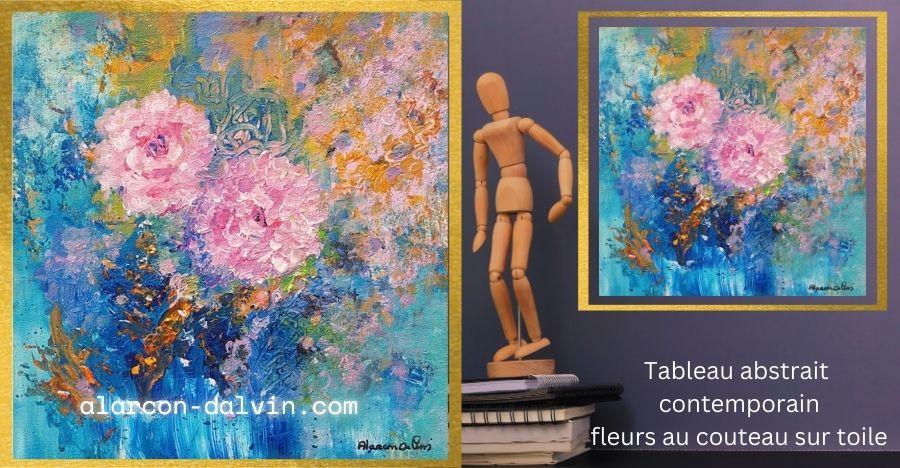 Un tableau abstrait contemporain fleurs au couteau sur toile par un artiste peintre, une peinture sur toile abstraite, Oeuvre d'art bleue pour votre intérieur