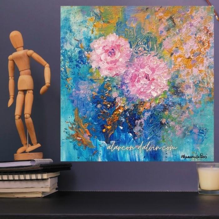 Tableau abstrait contemporain bleu fleurs roses au couteau sur toile décoration intérieure peinture abstraite unique d'artiste peintre