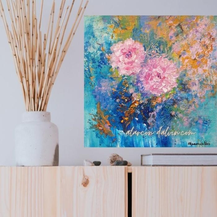 Tableau abstrait contemporain fleurs au couteau sur toile unique Peinture abstraite bleue unique peint main Oeuvre d'art bleue pour décoration intérieure Tableau moderne aux fleurs roses reliefs or