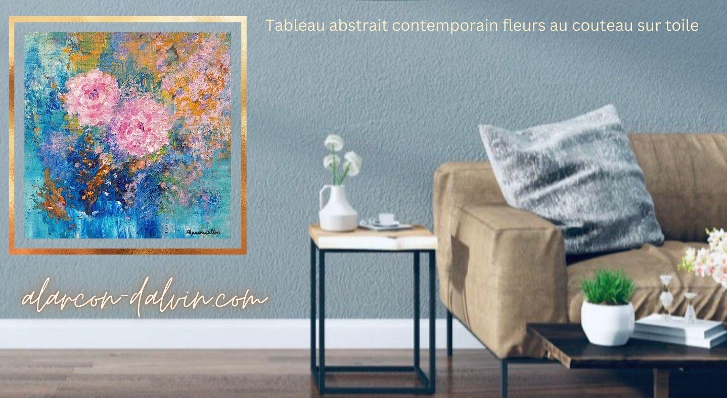 Tableau abstrait contemporain fleurs au couteau sur toile