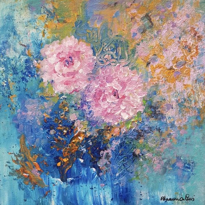 Tableau abstrait contemporain fleurs au couteau sur toile par un artiste peintre Peinture sur toile abstraite unique Oeuvre d'art bleue décoration intérieure