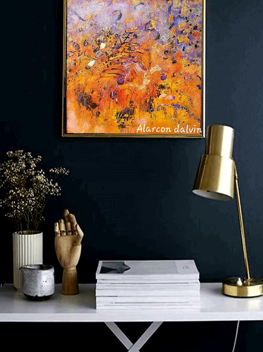 Tableau abstrait orange oeuvre d'art pour décoration intérieure noire peint main et au couteau