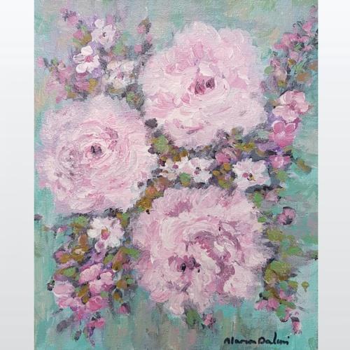 Peinture moderne de fleurs petit format peinture abstraite sur toile tableau vertical de fleurs roses et blanches sur fond bleu