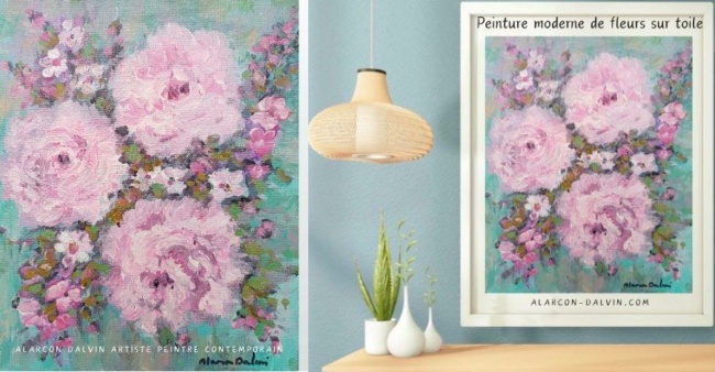 Peinture moderne de fleurs sur toile petit format tableau peint à la main à l'acrylique et au couteau oeuvre d'art unique décoration intérieure décoration murale Peinture florale fleures roses et blanches sur fond bleu