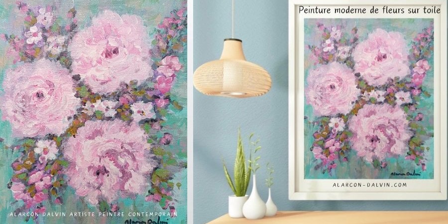 Peinture moderne de fleurs sur toile petit format tableau peint à la main à l'acrylique et au couteau oeuvre d'art unique décoration intérieure décoration murale Peinture florale fleures roses et blanches sur fond bleu
