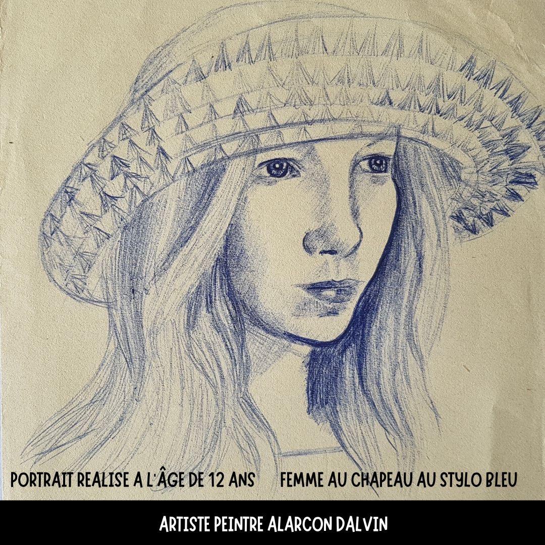 Femme au chapeau au stylo bille bleu sur papier beige - Portrait réalisé à l'âge de 12 ans par l'artiste peintre contemporain Alarcon Dalvin