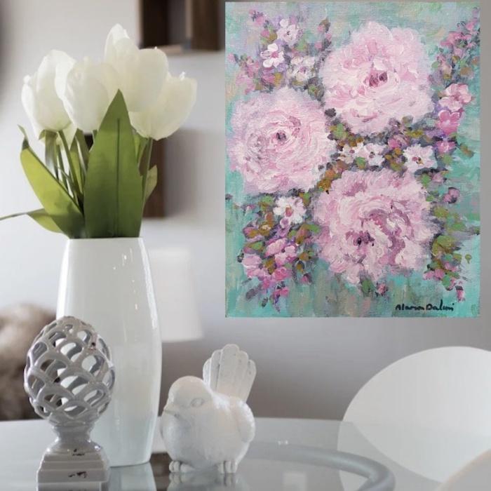 Tableau fleurs abstrait moderne peint main à l'acrylique sur toile Peinture florale est une peinture fleurs décoratives de petit format idéale pour décorer des petits espaces