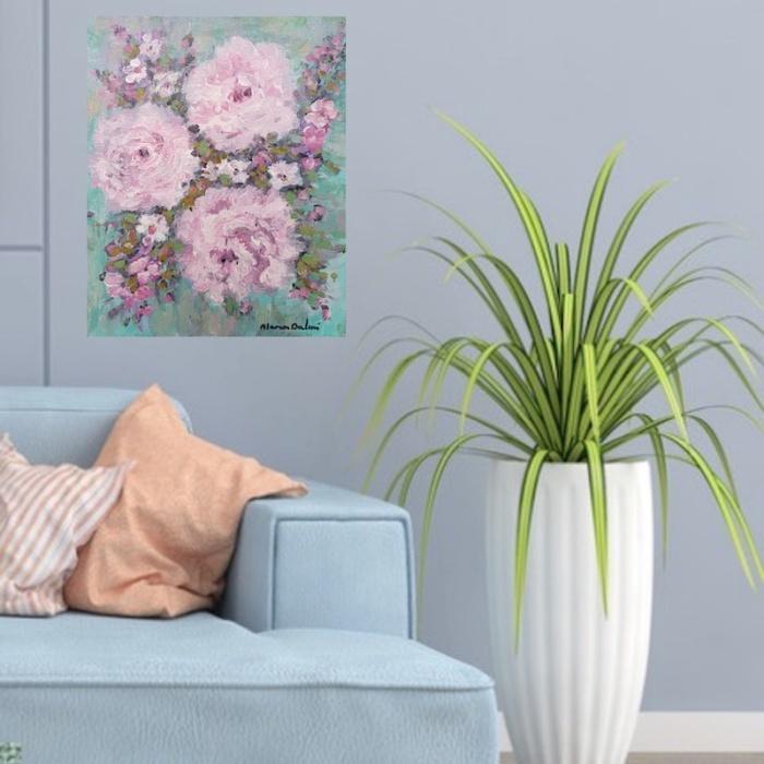 Pour un petit espace dans un salon ce tableau est idéal ses couleurs éclatantes vont meubler admirablement un mur vide. Peinture florale est une peinture moderne de fleurs sur fond bleu les fleurs sont roses et blanches travaillées au couteau et au pinceau sur toile