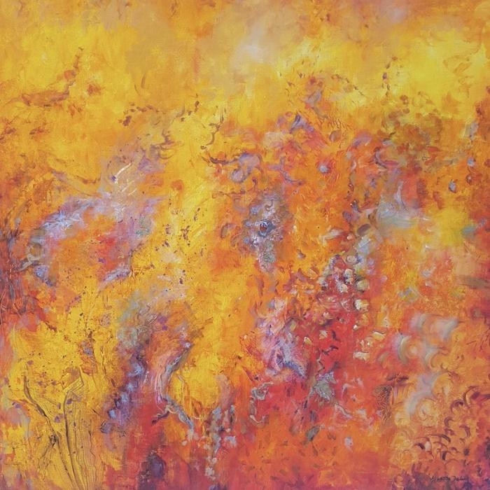 Tableau moderne abstrait en orange avec des effets de matière et techniques au couteau