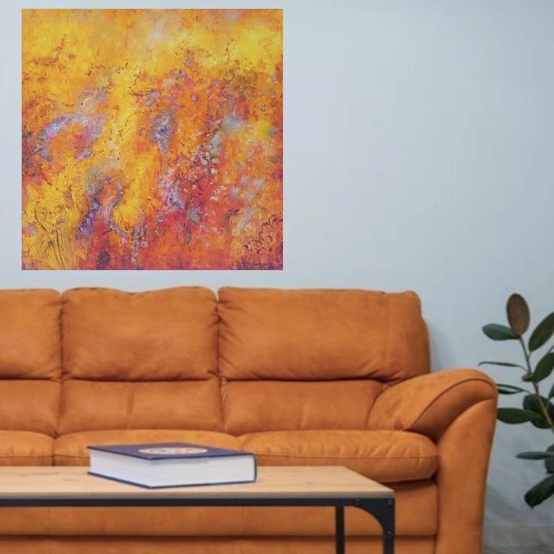 cette peinture abstraite moderne et contemporaine est un excellent choix pour décorer un salon adaptée à tous les intérieurs ce tableau moderne de style abstrait saura illuminer votre espace de vie de format carré ce tableau peut très vite attirer l'attention par sa lumière, ses émotions positives, son aspect chaleureux