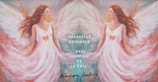 Aquarelle originale "L'Ange de Paix", tableau spirituel moderne signé Alarcon Dalvin. Ange de profil en robe blanche avec un cœur, fond turquoise et rose, idéal pour décoration intérieure.