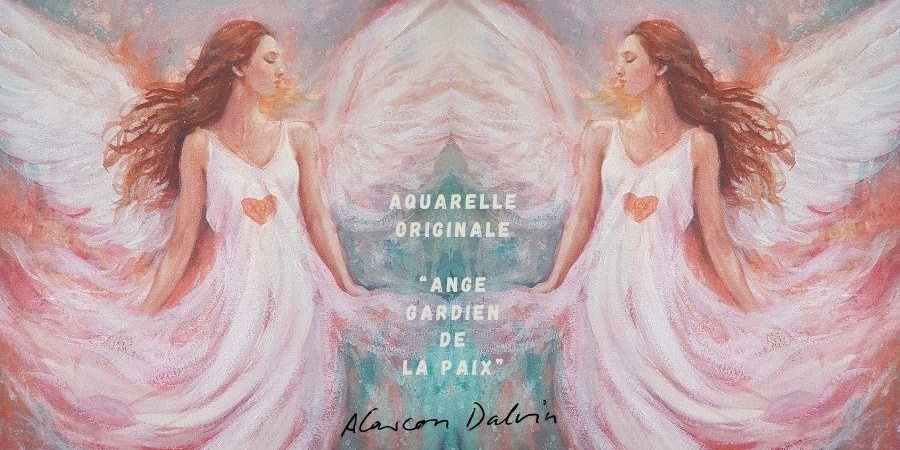 Aquarelle originale "L'Ange de Paix", tableau spirituel moderne signé Alarcon Dalvin. Ange de profil en robe blanche avec un cœur, fond turquoise et rose, idéal pour décoration intérieure.