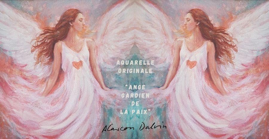 Aquarelle originale "L'Ange de Paix", tableau spirituel moderne signé Alarcon Dalvin. Ange de profil en robe blanche avec un cœur, fond turquoise et rose, idéal pour décoration intérieure.