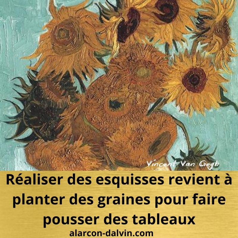 Illustration inspirée de la citation de Van Gogh, symbolisant les esquisses comme graines d'inspiration pour de futures œuvres d'art.