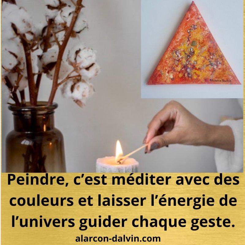 Citation inspirante : 'Peindre, c’est méditer avec les couleurs et laisser l’énergie de l’univers guider chaque geste' illustrée par une peinture abstraite vibrante et lumineuse d’Alarcon Dalvin