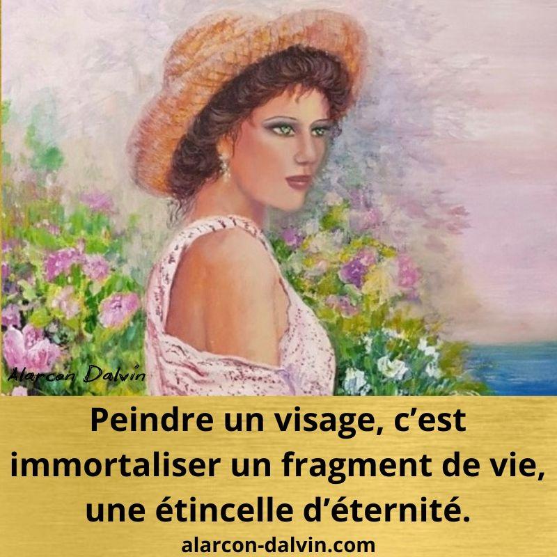 Portrait artistique, inspiré par la citation : 'Peindre un visage, c’est immortaliser un fragment de vie, une étincelle d’éternité.' Œuvre originale signée Alarcon Dalvin.