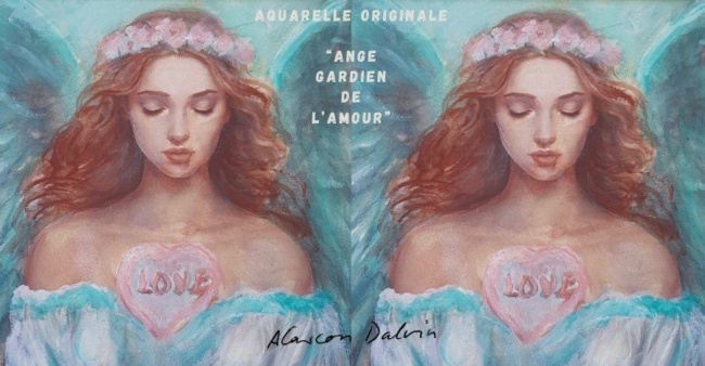 Peinture aquarelle ange gardien de l'amour fond turquoise et fleurs roses dans les cheveux avec un coeur rose marqué love une peinture douce et romantique spirituelle