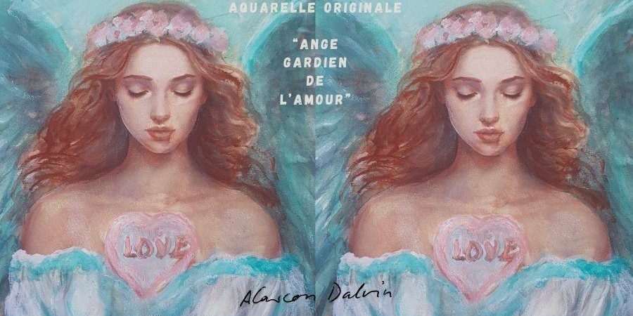 Peinture aquarelle ange gardien de l'amour fond turquoise et fleurs roses dans les cheveux avec un coeur rose marqué love une peinture douce et romantique spirituelle