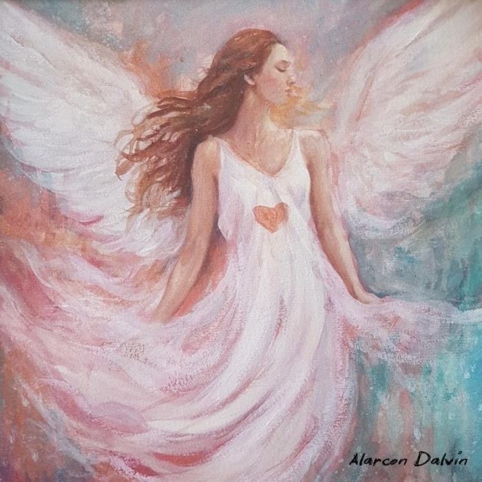 Aquarelle originale intitulée "Ange de Paix", tableau spirituel pour décoration murale, réalisée par l'artiste peintre Alarcon Dalvi