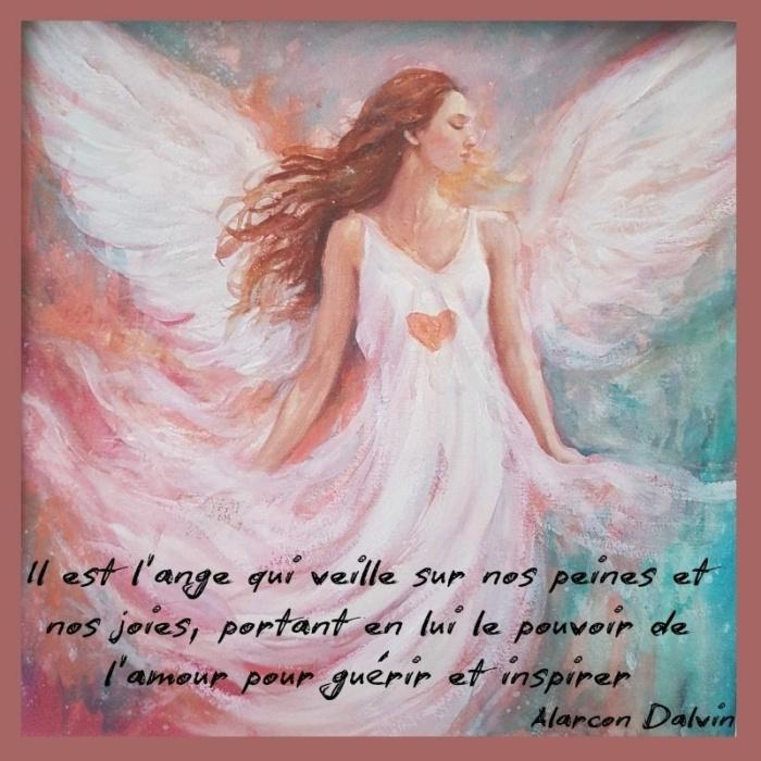 Photo d’un tableau aquarelle original représentant L'Ange de Paix, avec un fond turquoise et rose et des détails spirituels.L'Ange de Paix est un tableau en aquarelle moderne, mêlant tons turquoise et rose, idéal pour une décoration spirituelle et apaisante créée par l'artiste peintre Alarcon Dalvin