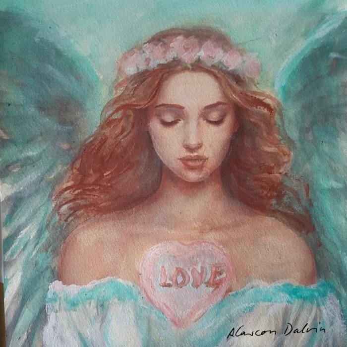 peinture aquarelle ange gardien tableau spirituel fond bleu turquoise et coeur rose avec inscription love dans le coeur une aquarelle ange originale de bienveillance et d'amour protection des anges