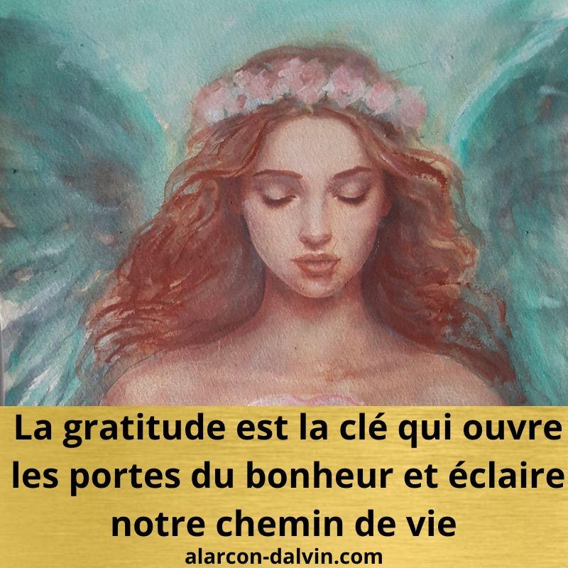 Tableau abstrait représentant un ange, inspiré par la citation : 'La gratitude est la clé qui ouvre les portes du bonheur et éclaire notre chemin de vie.' Œuvre d’Alarcon Dalvin