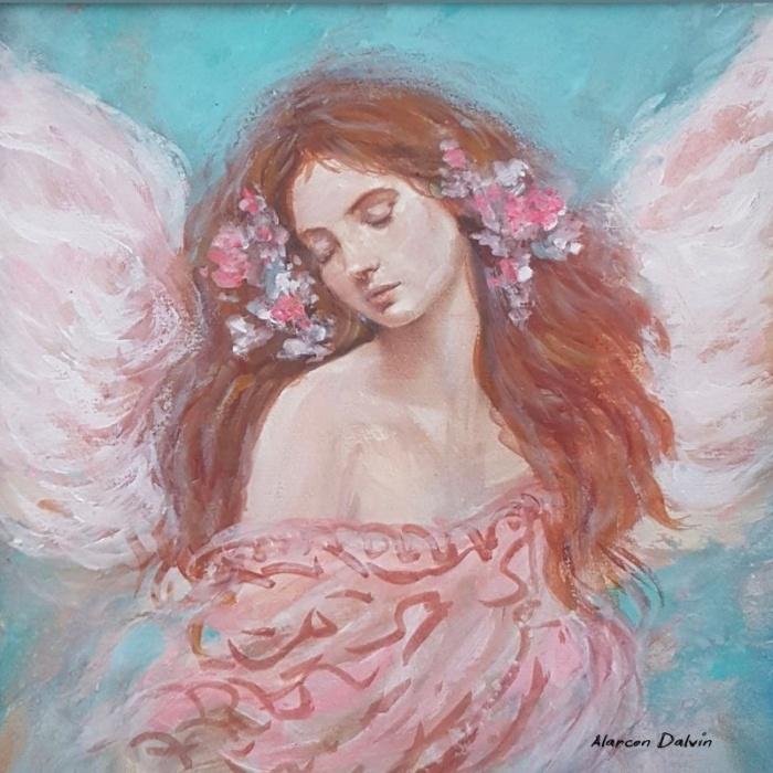 Aquarelle de l'Ange Gardien de l’Espérance avec ailes roses et fond turquois