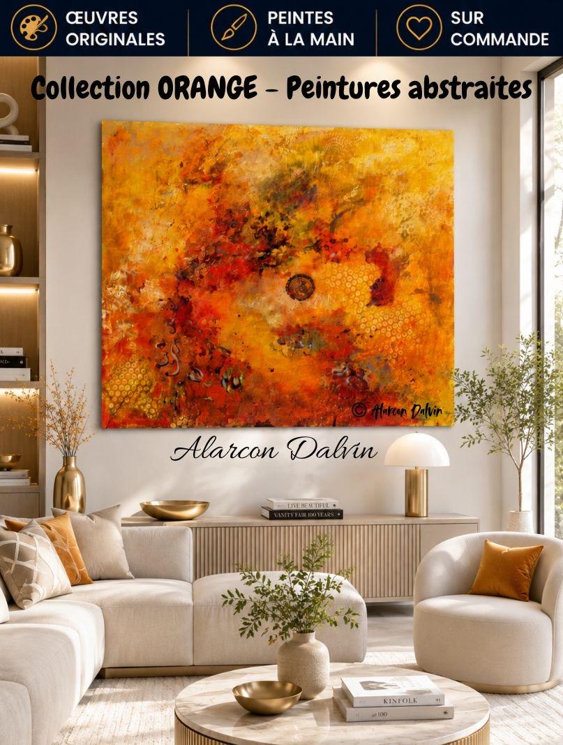 Grand tableau abstrait orange sur toile dans un salon contemporain