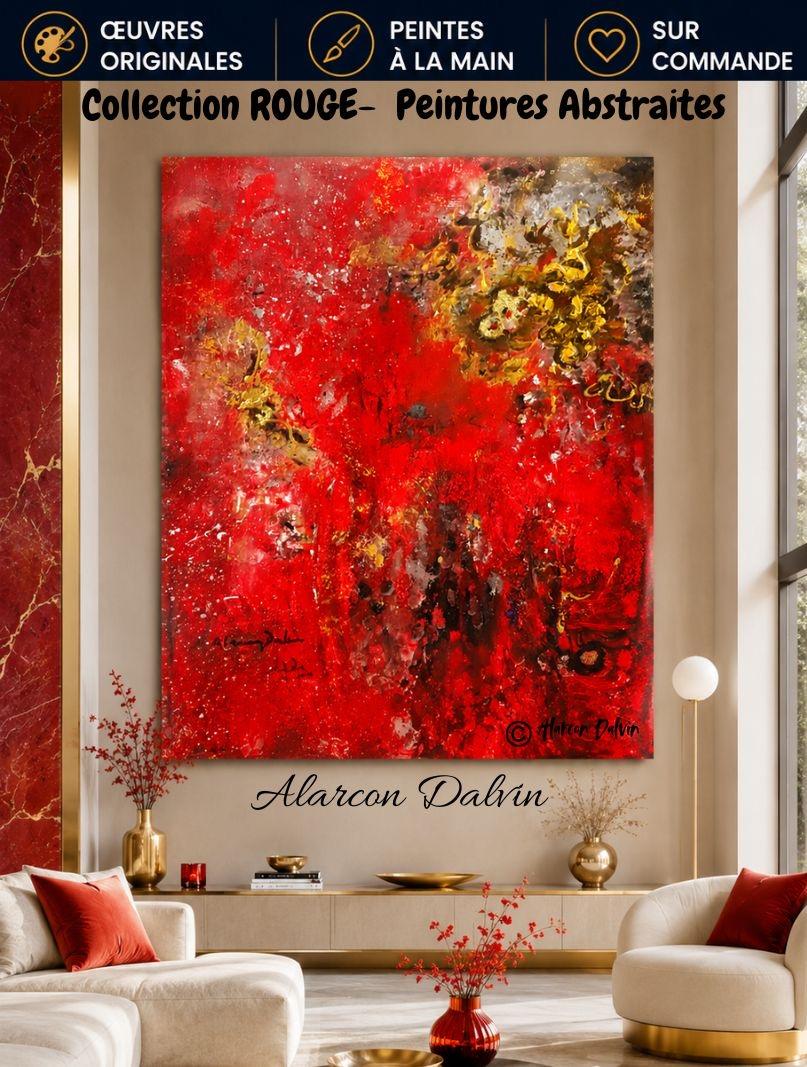 Grand tableau abstrait rouge sur toile dans un salon contemporain Peinture abstraite rouge unique, artiste peintre Alarcon Dalvin Tableau peint à la main à l'acrylique