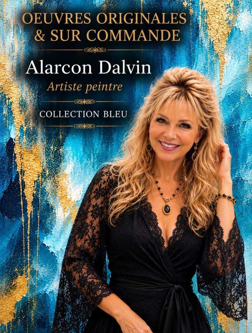 Alarcon Dalvin artiste peintre devant des peintures abstraites bleues tableaux abstraits bleus peint main peinture acrylique avec reliefs peinture textures abstraite