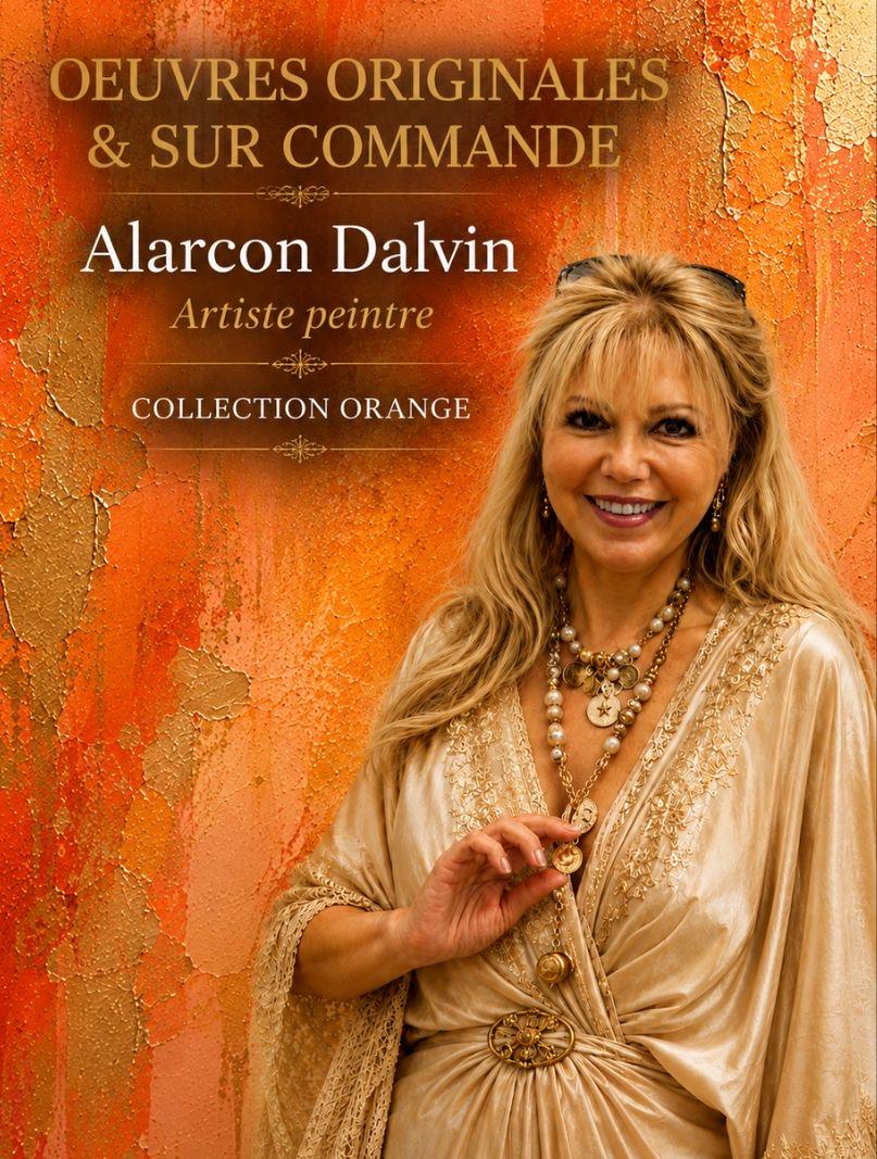 Alarcon Dalvin artiste peintre devant une œuvre abstraite orange sur toile tableau abstrait orange peint main oeuvre d'art originale unique en vente en ligne et sur commande