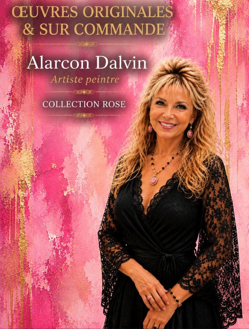 Alarcon Dalvin artiste peintre devant des peintures abstraites roses Tableaux abstraits modernes roses uniques