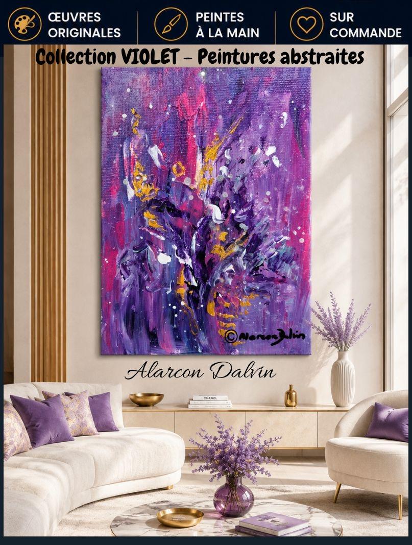 Grand tableau abstrait violet sur toile dans un intérieur élégant artiste Peintre Alarcon Dalvin Vente en ligne de peintures abstraites violettes et réalisation sur commande tableau violet peint main acrylique