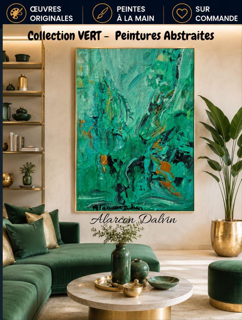 Grand tableau abstrait vert sur toile dans un intérieur salon contemporain Peinture abstraite moderne Tableau abstrait vert peint à la main par l'artiste PEINTRE ALARCON DALVIN à l'acrylique au pinceau et couteau oeuvre d'art avec reliefs