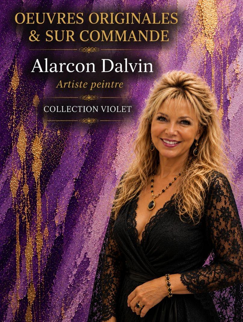 Alarcon Dalvin artiste peintre devant une peinture abstraite violette sur toile tableaux abstrait violet moderne peint main acrylique au couteau et pinceau euvre unique