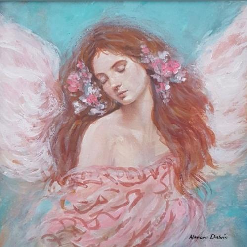 Ange gardien de l'espérance vue dans l 'ensemble ange avec rose rose travaillée et fond bleu turquoise grande impression de douceur et d'émotion