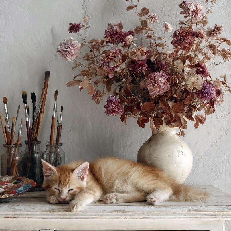 Atelier de l’artiste peintre Alarcon Dalvin avec pinceaux, palette, bouquet de fleurs et chat endormi dans une ambiance zenDans l’atelier d’Alarcon Dalvin, les pinceaux et la palette reposent près d’un bouquet de fleurs colorées, tandis qu’un chat endormi apporte une atmosphère paisible et inspirante à l’espace de création.