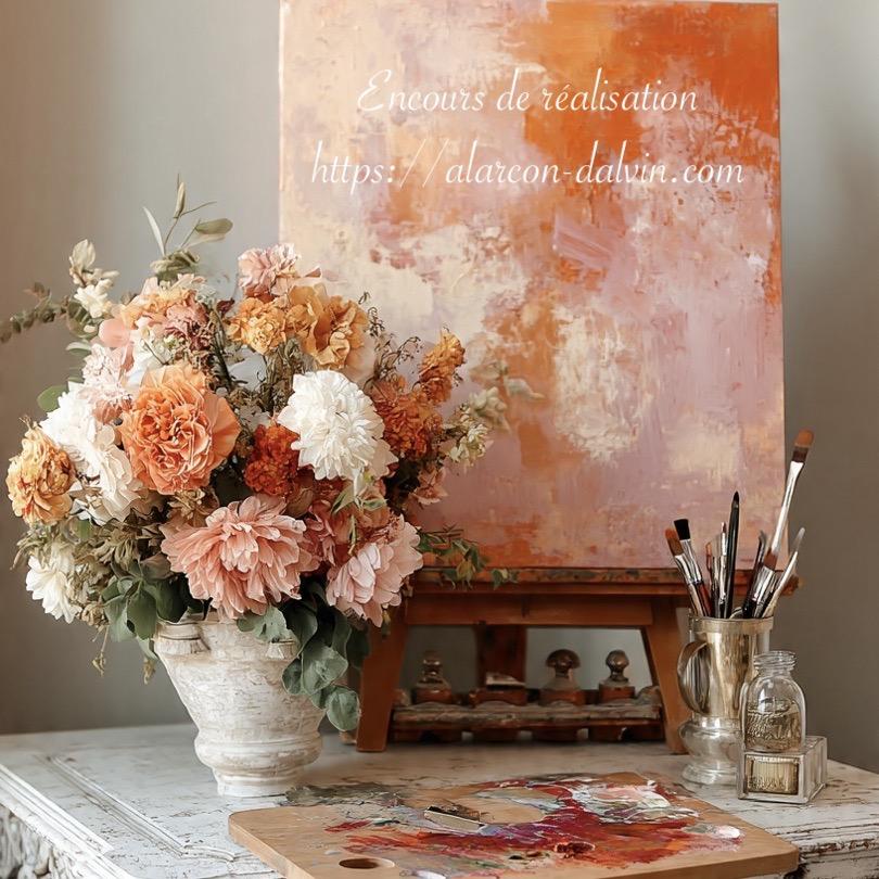 Tableau abstrait orange en cours de réalisation dans l’atelier de l’artiste peintre contemporain Alarcon Dalvin