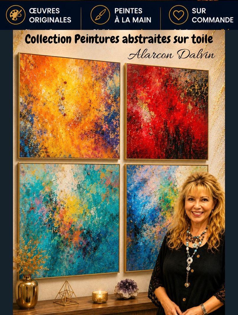 Artiste peintre Alarcon Dalvin danst son atelier devant une collection de peintures abstraites sur toile tableaux contemporains colorés peints à la mainl'acrylique au pinceau et au couteau