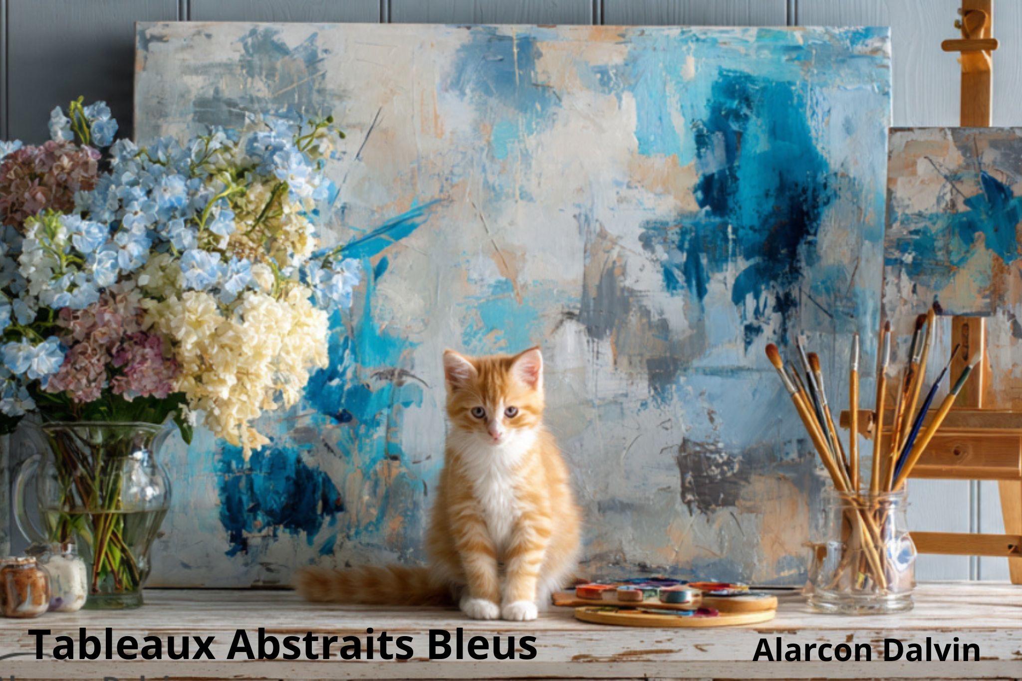Collection de tableaux abstraits bleus peints à l’acrylique au couteau et au pinceau par l’artiste peintre Alarcon Dalvin, œuvres originales faites main dans son atelier à Saint Paul de Vence, disponibles en vente directe et sur commande.