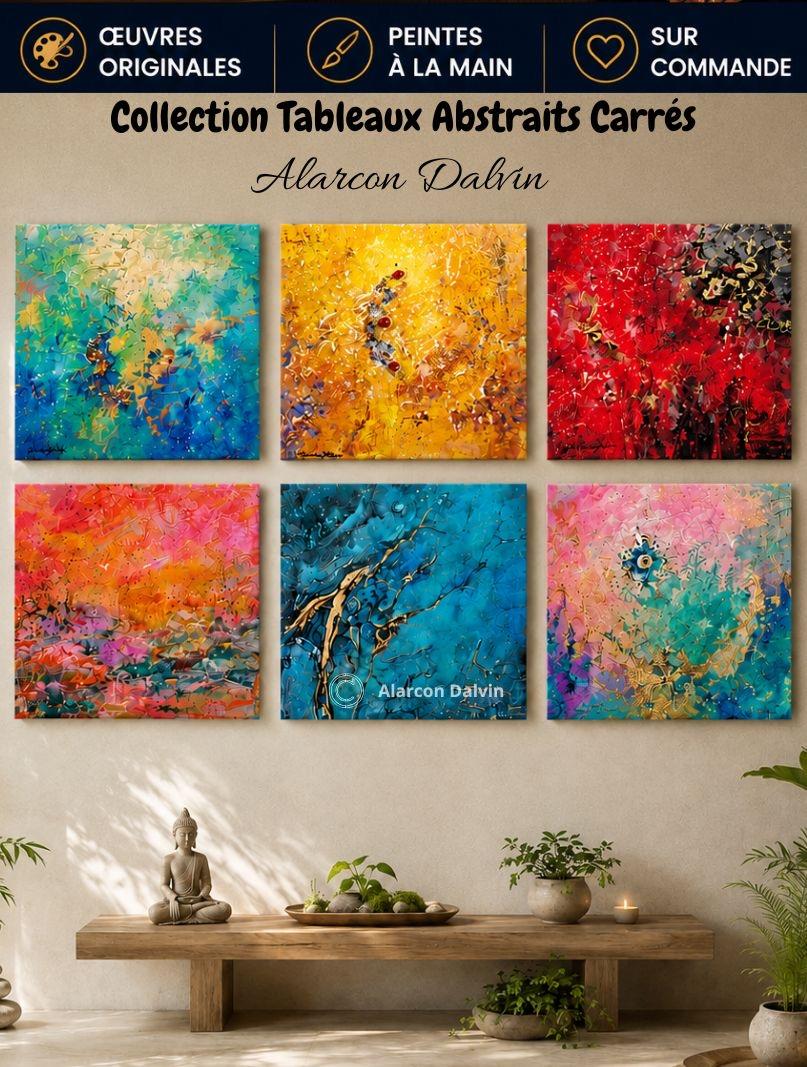 Collection de tableaux abstraits carrés peints à la main au pinceau et au couteau à l'acrylique sur toile couleurs vibrantes par Alarcon Dalvin