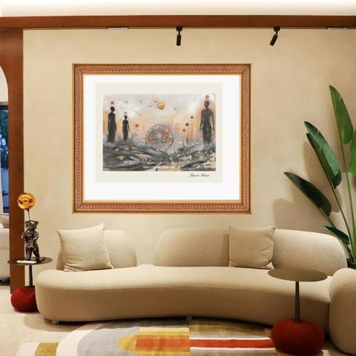 Éveillés du Seuil, œuvre sur papier réalisée à l’encre et à l’acrylique, silhouettes noires, teintes douces avec or, beige, noir et bleu.