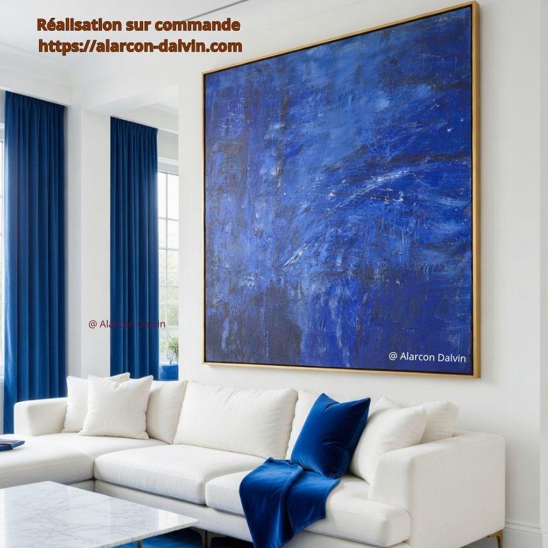 Grand-tableau-bleu-klein-monochrome-decoration-interieure Peinture abstraite bleu Klein monochrome sur commande dans intérieur contemporain élégant Grand tableau réalisable sur mesure oeuvre d'art personnalisable selon vos envies