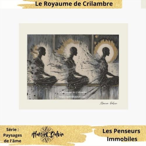 Œuvre originale sur papier “Les Penseurs Immobiles” univers Crilambre, composition moderne représentant des silhouettes méditatives.