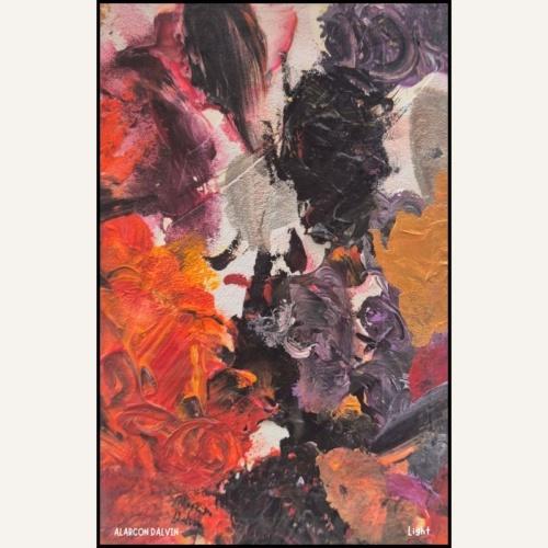 Light, peinture abstraite sur papier à l’acrylique au couteau, orange dominant avec des touches d’or, d’argent, de violet et de noir – Alarcon Dalvin