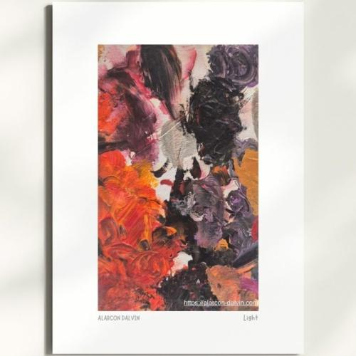 Light, peinture abstraite sur papier à l’acrylique au couteau, orange dominant avec des touches d’or, d’argent, de violet et de noir, avec passe-partout – Alarcon Dalvin
