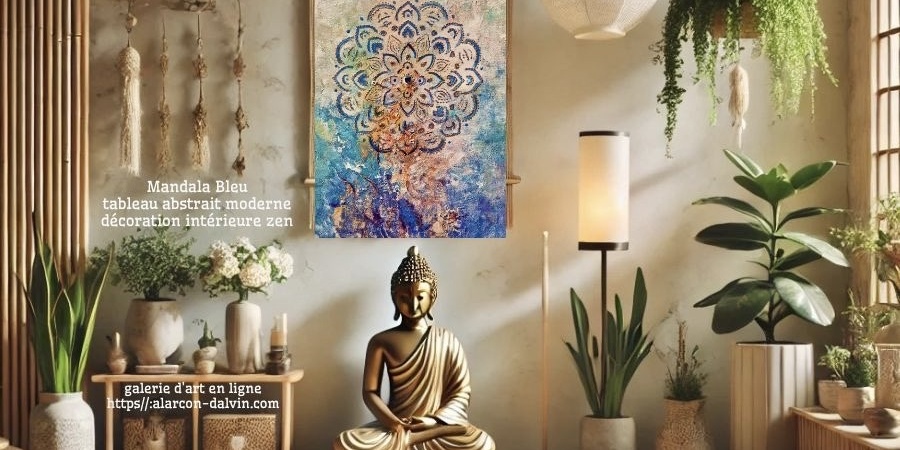 Tableau Mandala bleu abstrait moderne – décoration murale zen pour intérieur contemporain