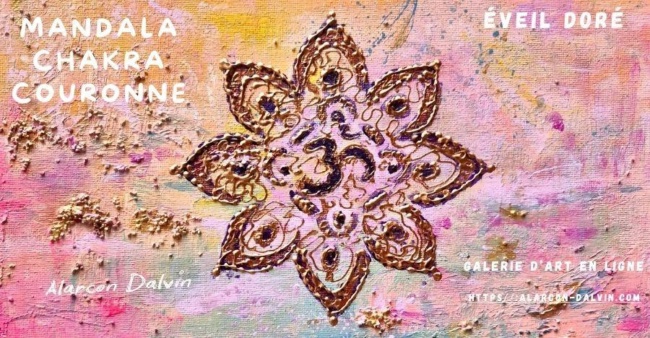 Ce tableau Mandala Chakra Couronne est en relief or sur un fond abstrait rose poudré, rose fushia, jaune, bleu les teintes sont douces et offrent beaucoup de nuances Peinture spirituelle en vente en ligne