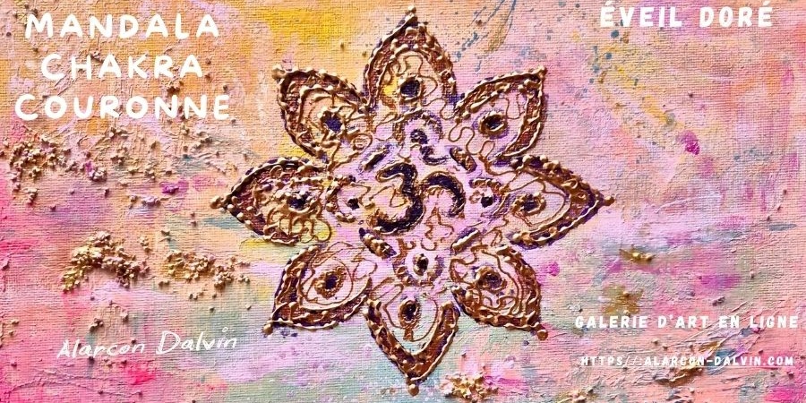 Ce tableau Mandala Chakra Couronne est en relief or sur un fond abstrait rose poudré, rose fushia, jaune, bleu les teintes sont douces et offrent beaucoup de nuances Peinture spirituelle en vente en ligne