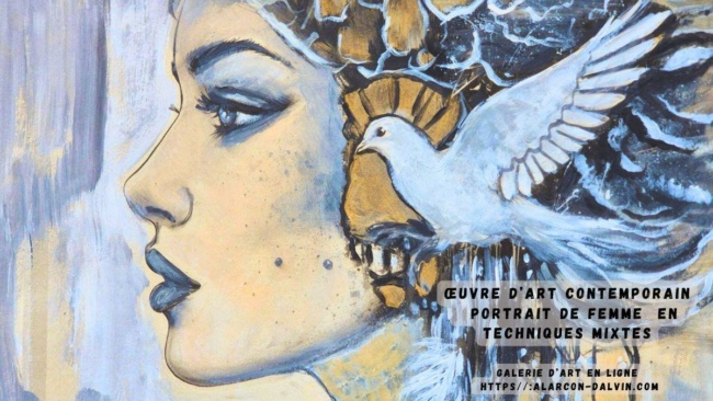 pCe portrait de femme contemporain illustre l’univers artistique d’Alarcon Dalvin, mêlant peinture et poésie. Réalisé en techniques mixtes, chaque détail exprime émotion et originalité. Œuvre protégée par les droits d’auteur du Royaume de Crilambreortrait de femme contemporain en techniques mixtes, œuvre originale d’Alarcon Dalvin, Royaume de Crilambre ©